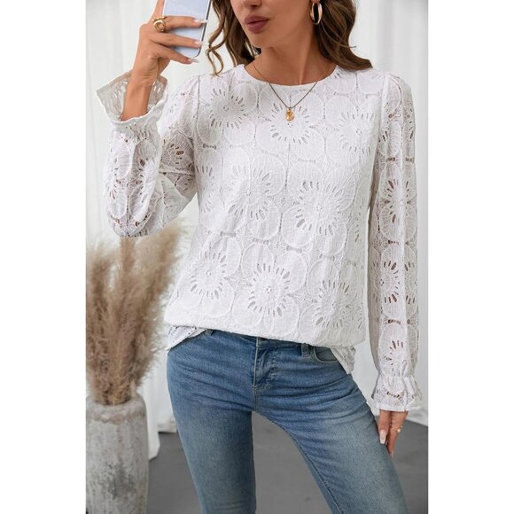 Lace Long Sleeve Top Womens Crewneck Eyelet Blouse Dressy Casual Plus Size - Picture 2 of 5